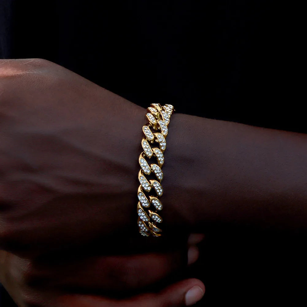 Bracelet maille cubaine iced out serti de strass, sertie fine, dorée, King Watch