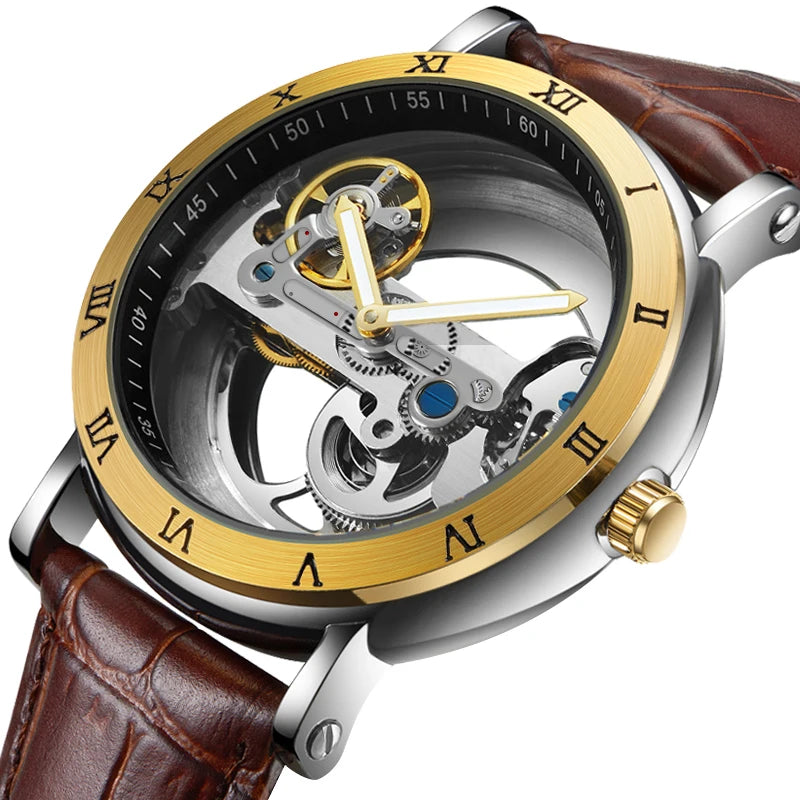 Skeleton automatic watch with transparent dial, leather strap, view 2, King Watch