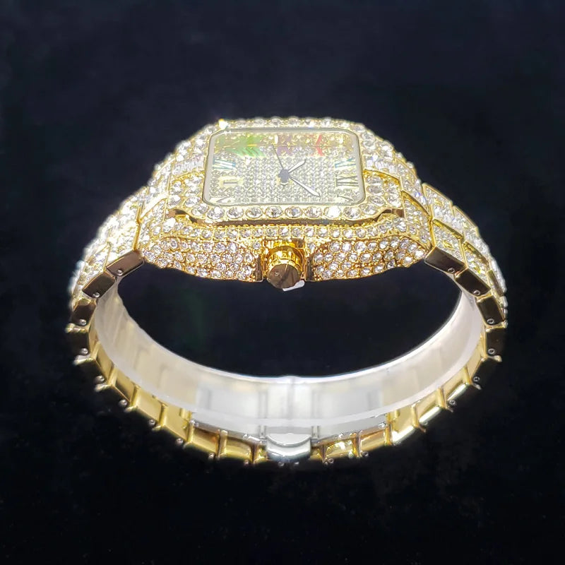 Montre homme iced out carrée à chiffres romains colorés, acier serti de strass, vue 7, King Watch