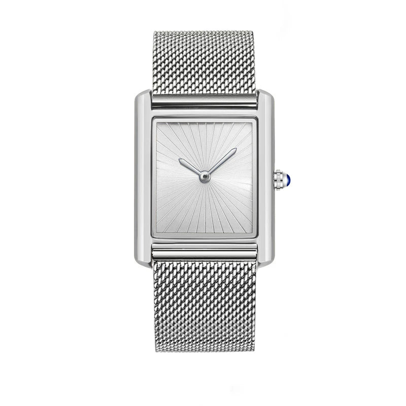 Montre rectangulaire à cadran soleillé, bracelet en maille milanaise, argenté, cadran argenté, aiguilles argentées, King Watch