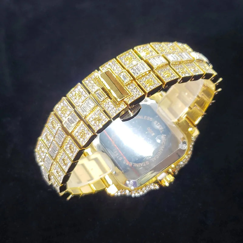 Montre homme iced out carrée à chiffres romains colorés, acier serti de strass, vue 8, King Watch