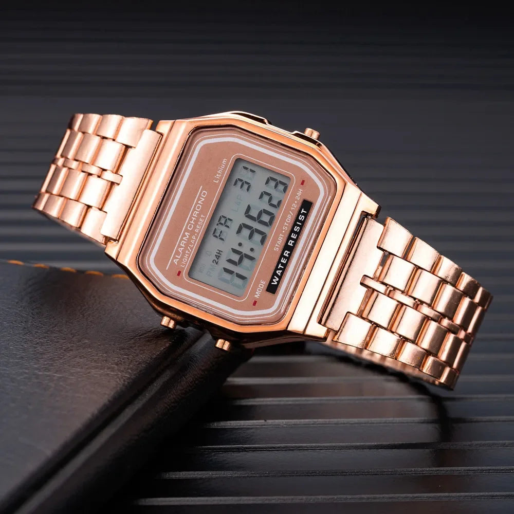 Montre digitale rétro rectangulaire, bracelet en acier inoxydable, or rose, King Watch