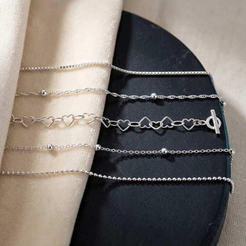 Set of 5 fine chain bracelets with hearts and beads, view 2, King Watch