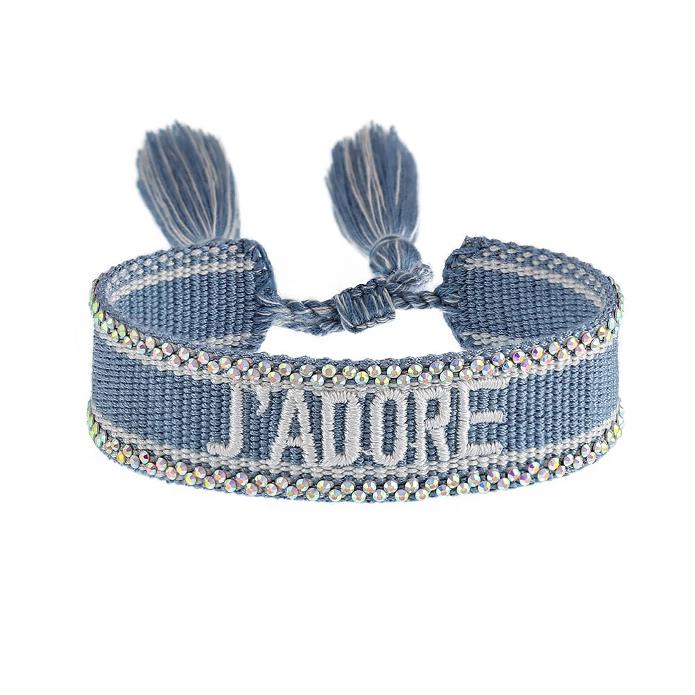 Bracelet brodé tissé en coton à pompons, bleu gris, liseré strass, King Watch
