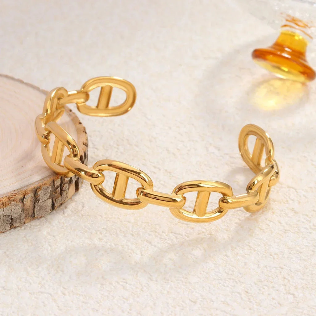 Gold-tone open anchor chain bangle, stainless steel, view 3, King Watch