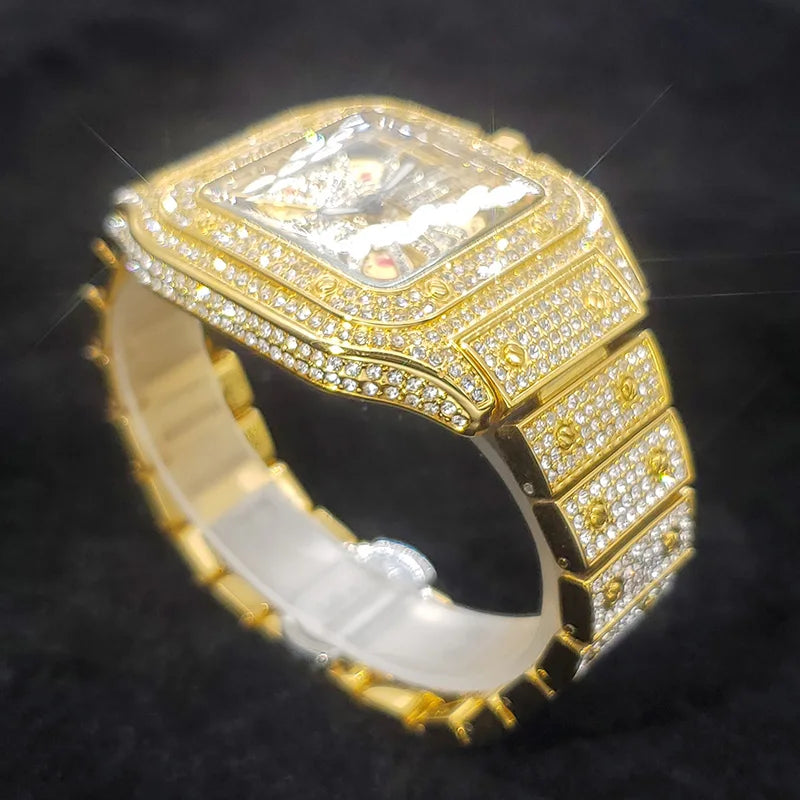 Montre homme iced out carrée à cadran squelette, acier serti de strass, vue 6, King Watch