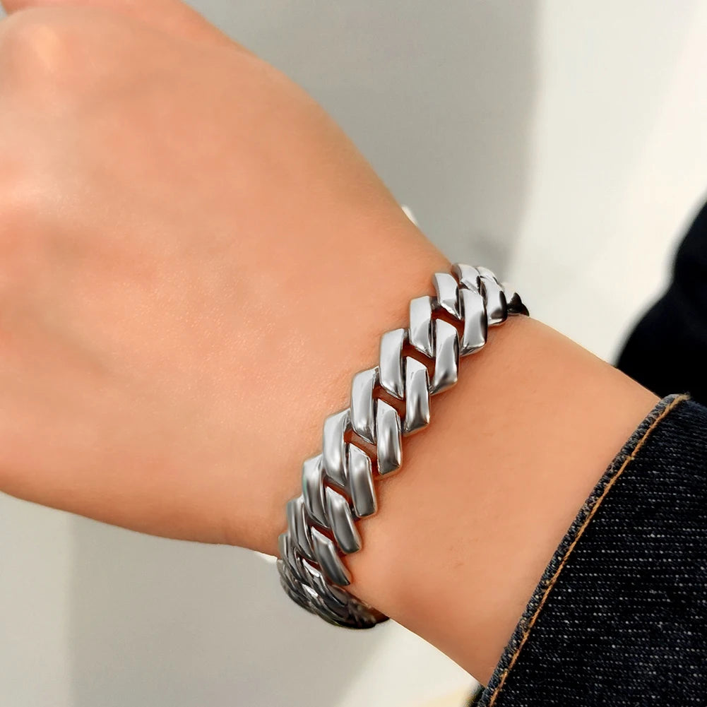 Bracelet maille cubaine iced out serti de strass, cubaine lisse épaisse, argentée, King Watch