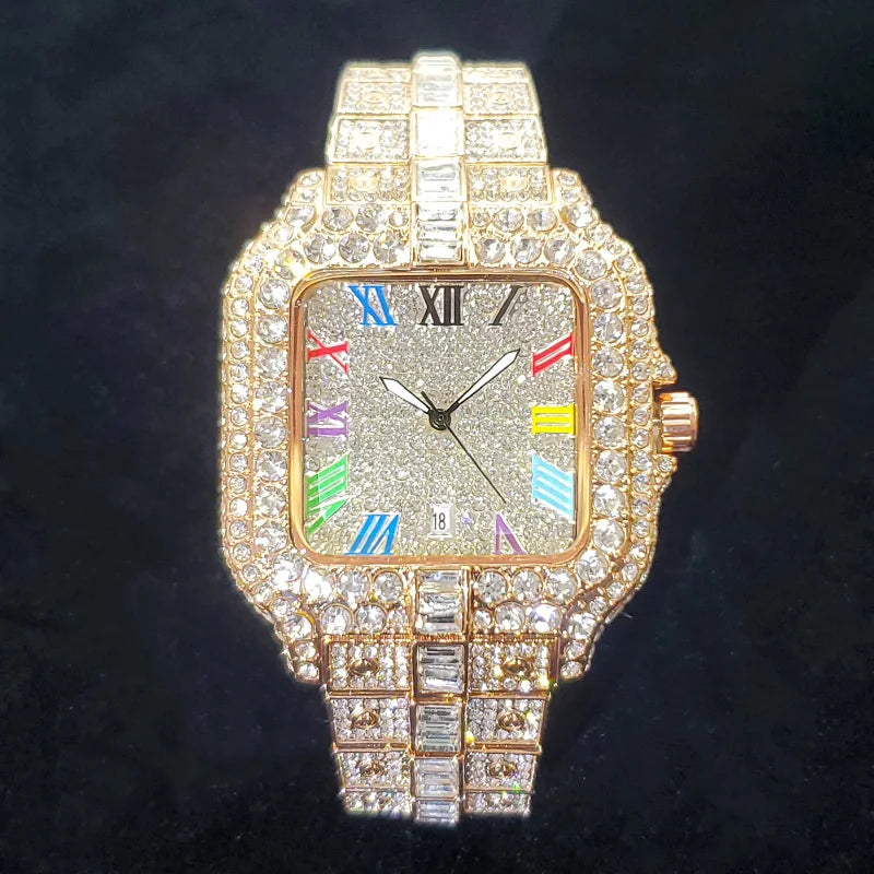 Montre homme iced out carrée à chiffres romains colorés, acier serti de strass, or rose, King Watch