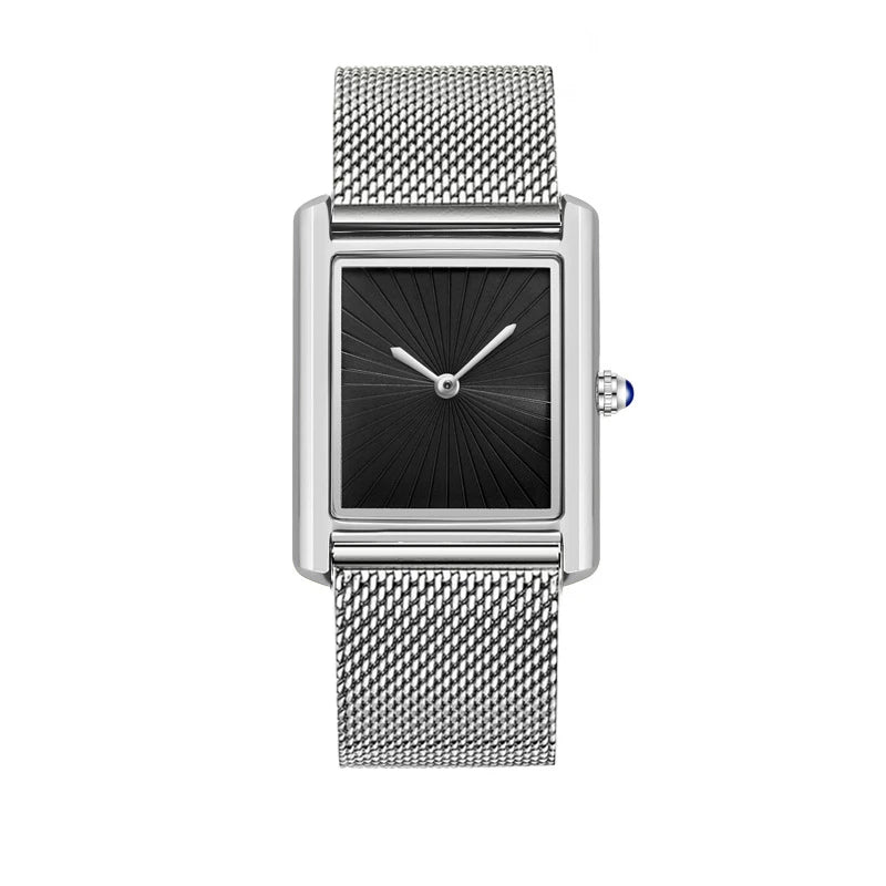 Montre rectangulaire à cadran soleillé, bracelet en maille milanaise, argenté, cadran noir, King Watch