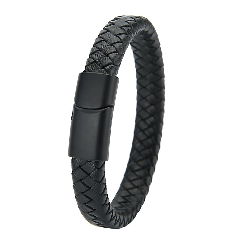 Men's braided leather bracelet with magnetic clasp, black leather, matte black clasp, King Watch