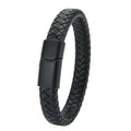 Men's braided leather bracelet with magnetic clasp, black leather, matte black clasp, King Watch