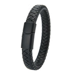 Men's braided leather bracelet with magnetic clasp, black leather, matte black clasp, King Watch