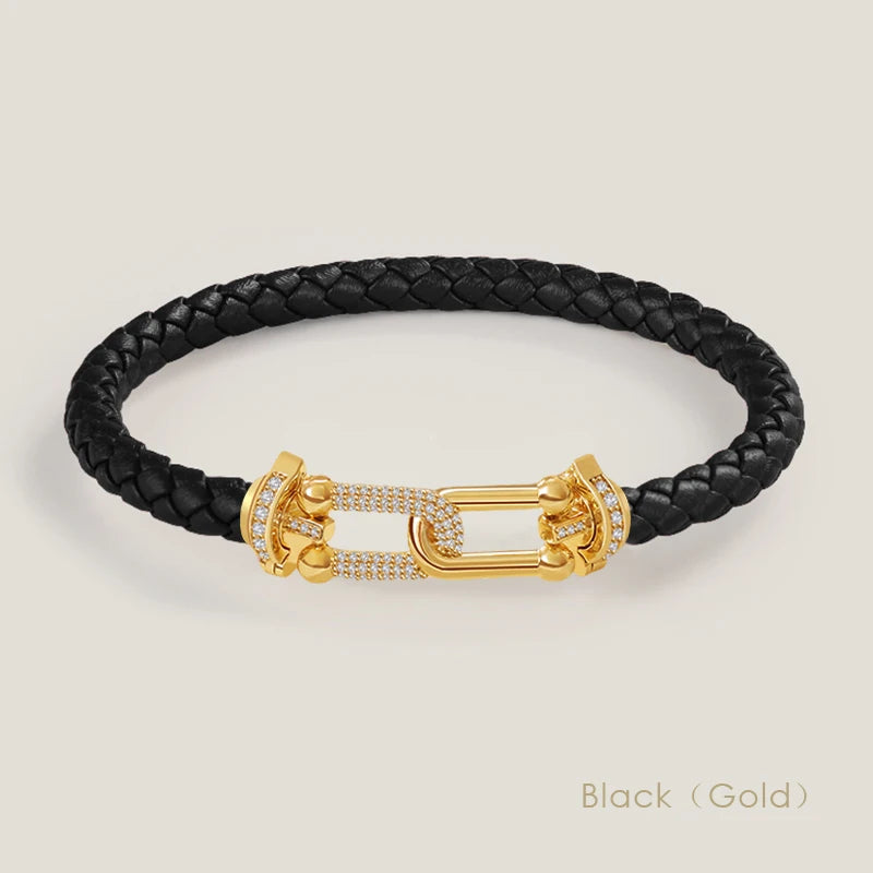 Bracelet en cuir tressé, fermoir serti de zircons, noir, fermoir doré, King Watch