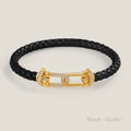 Bracelet en cuir tressé, fermoir serti de zircons, noir, fermoir doré, King Watch