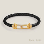 Bracelet en cuir tressé, fermoir serti de zircons, noir, fermoir doré, King Watch