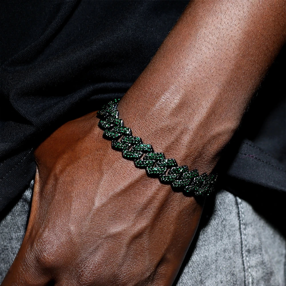 Bracelet maille cubaine iced out serti de strass, sertie, strass verts, King Watch