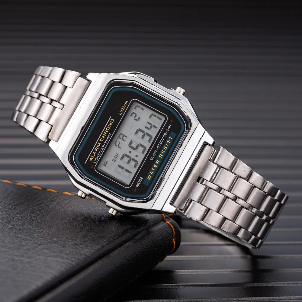 Montre digitale rétro rectangulaire, bracelet en acier inoxydable, King Watch