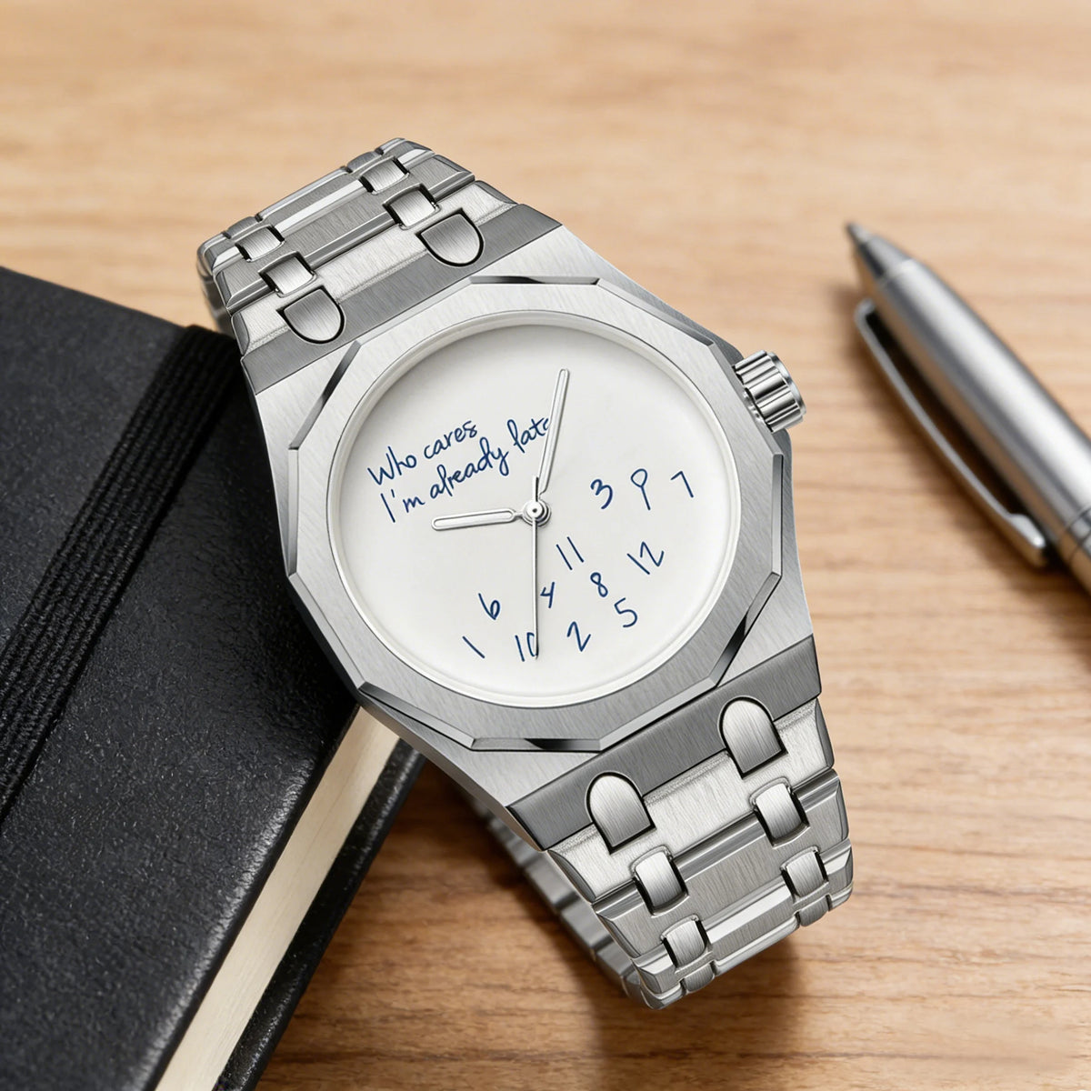Octagonal watch with Who cares I'm already late dial, jumbled numerals, view 4, King Watch