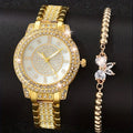 Montre femme dorée à quartz, lunette et bracelet sertis de strass, vue 8, King Watch