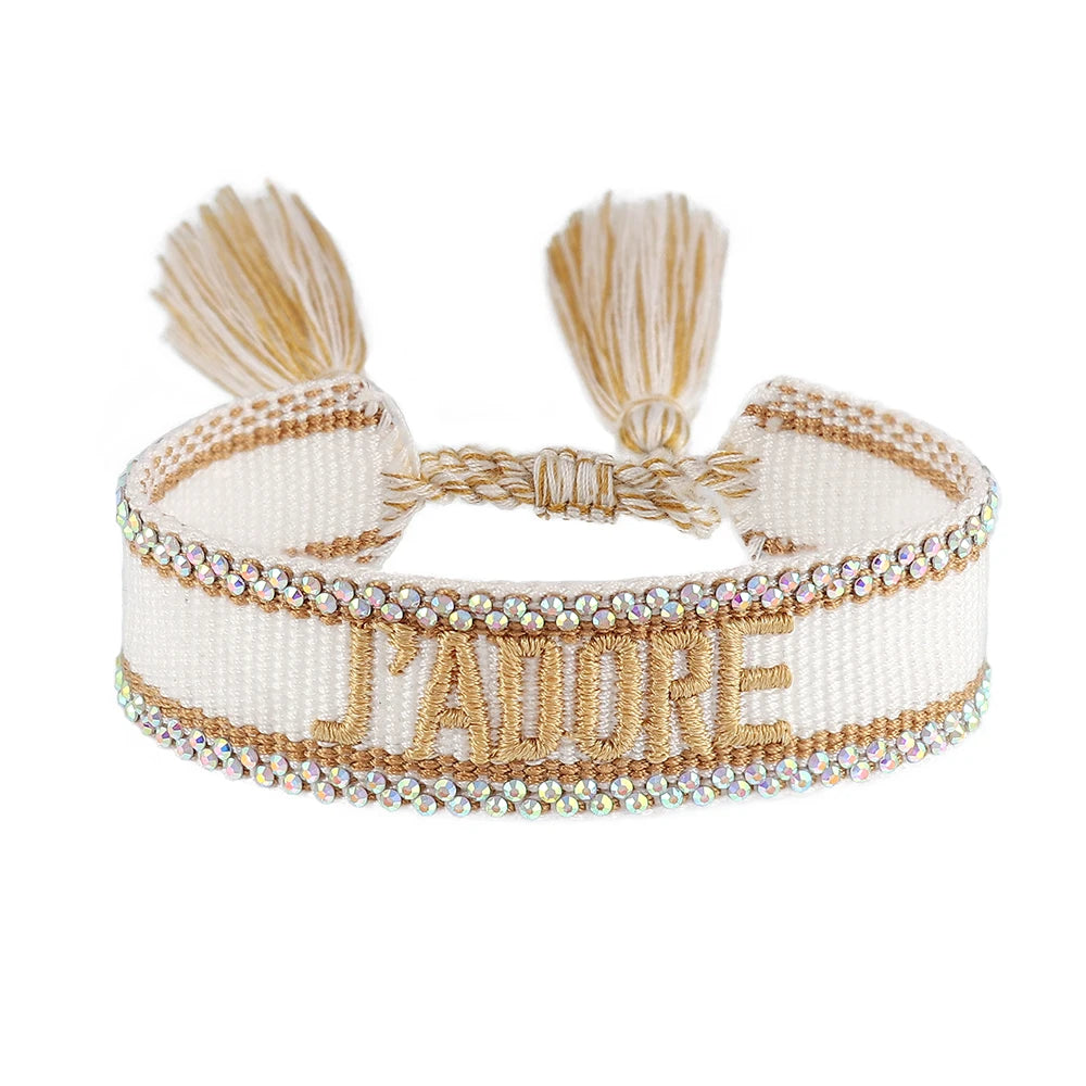 Bracelet brodé tissé en coton à pompons, blanc et doré, liseré strass, King Watch