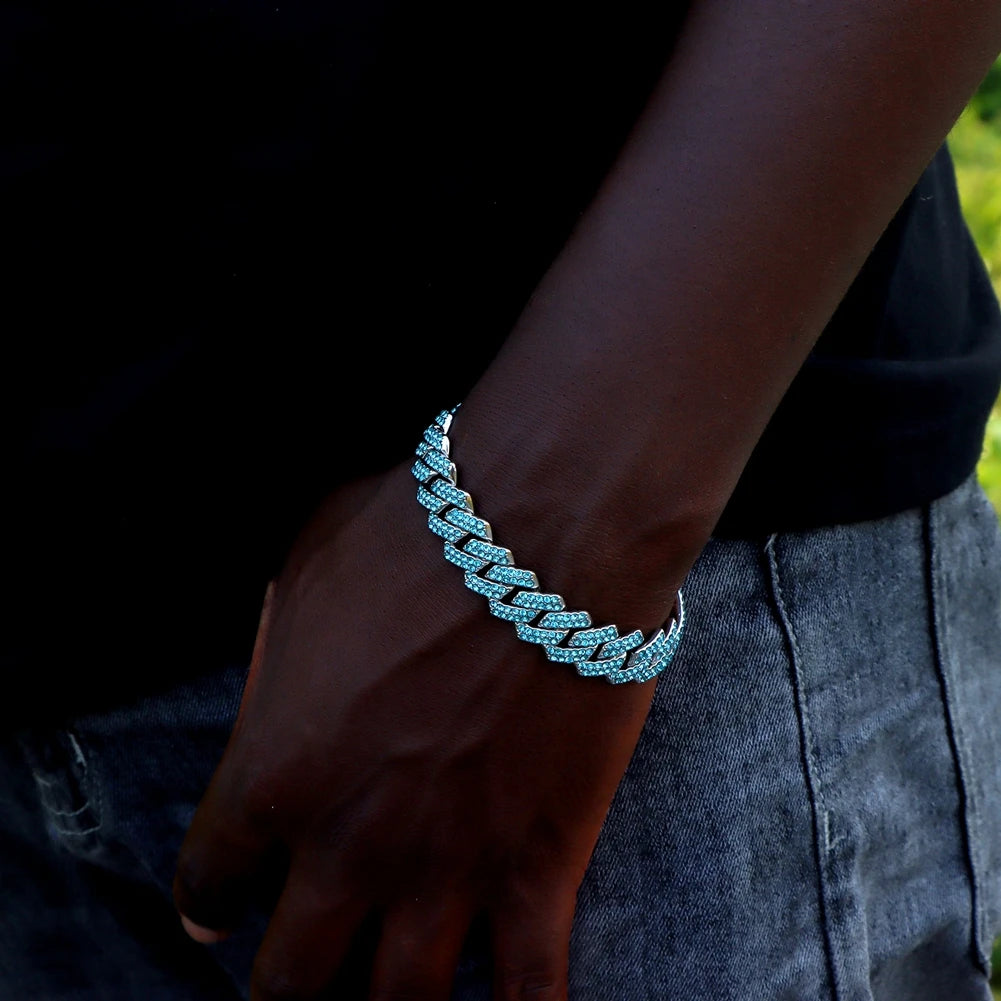Bracelet maille cubaine iced out serti de strass, sertie, strass bleu ciel, King Watch
