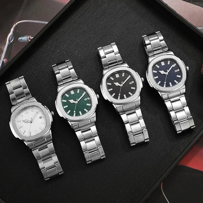 Montre homme carrée à quartz, bracelet en acier inoxydable, cadran gaufré, vue 5, King Watch