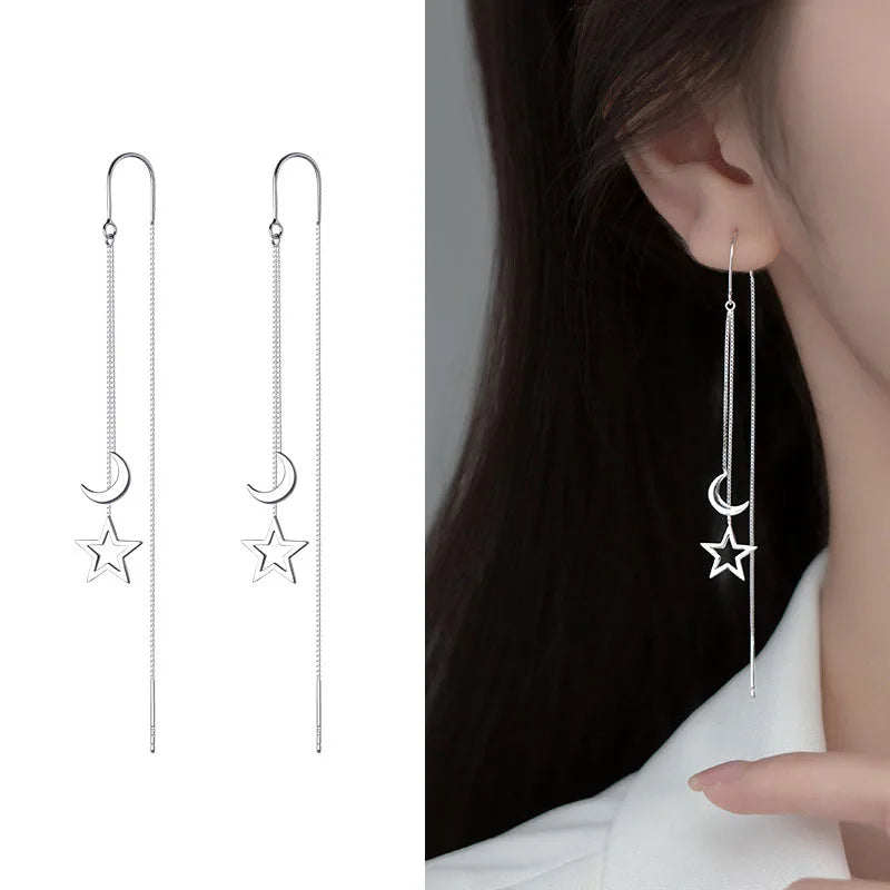 Boucles d'oreilles longues à chaîne serties de cristal, lune et étoile argentées, King Watch