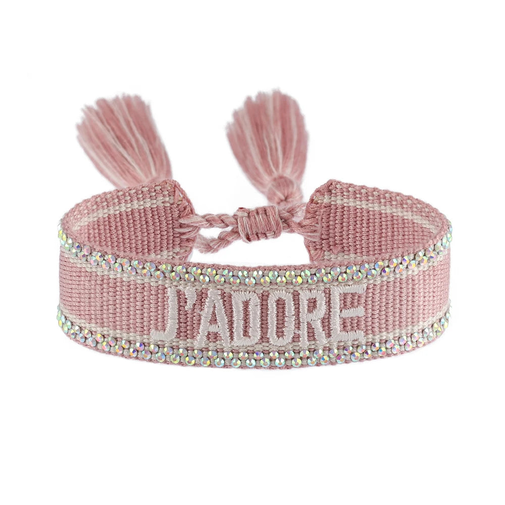 Bracelet brodé tissé en coton à pompons, rose poudré, liseré strass, King Watch
