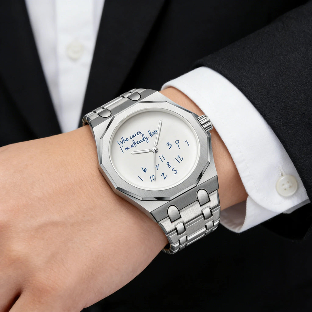 Octagonal watch with Who cares I'm already late dial, jumbled numerals, view 5, King Watch