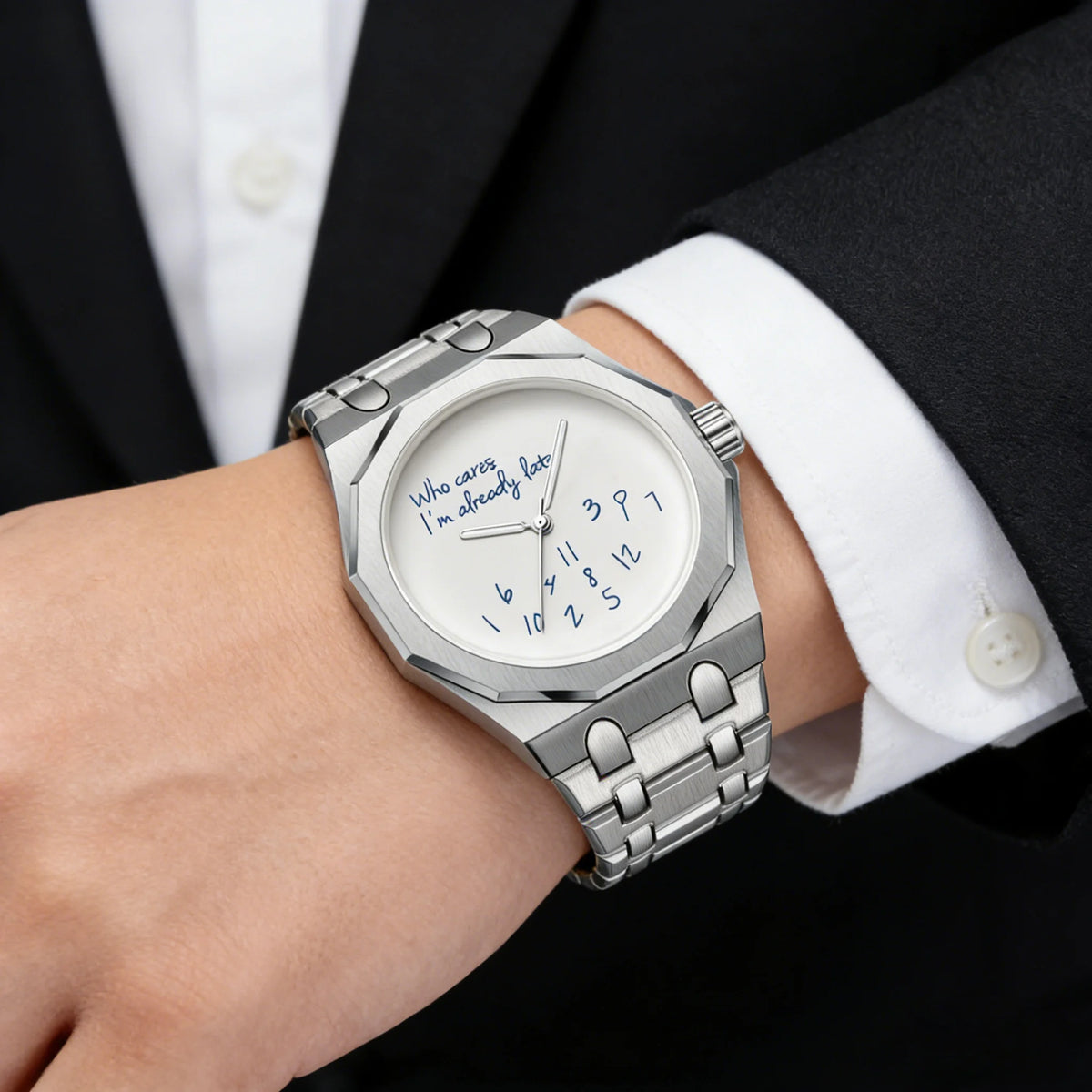 Octagonal watch with Who cares I'm already late dial, jumbled numerals, view 5, King Watch