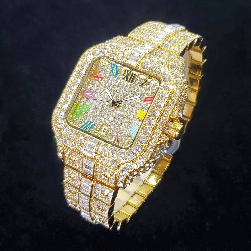 Montre homme iced out carrée à chiffres romains colorés, acier serti de strass, vue 5, King Watch