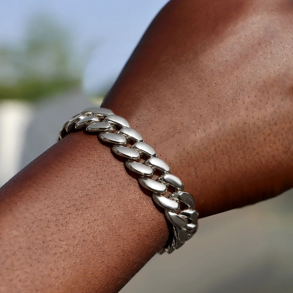 Bracelet maille cubaine iced out serti de strass, cubaine lisse, argentée, King Watch
