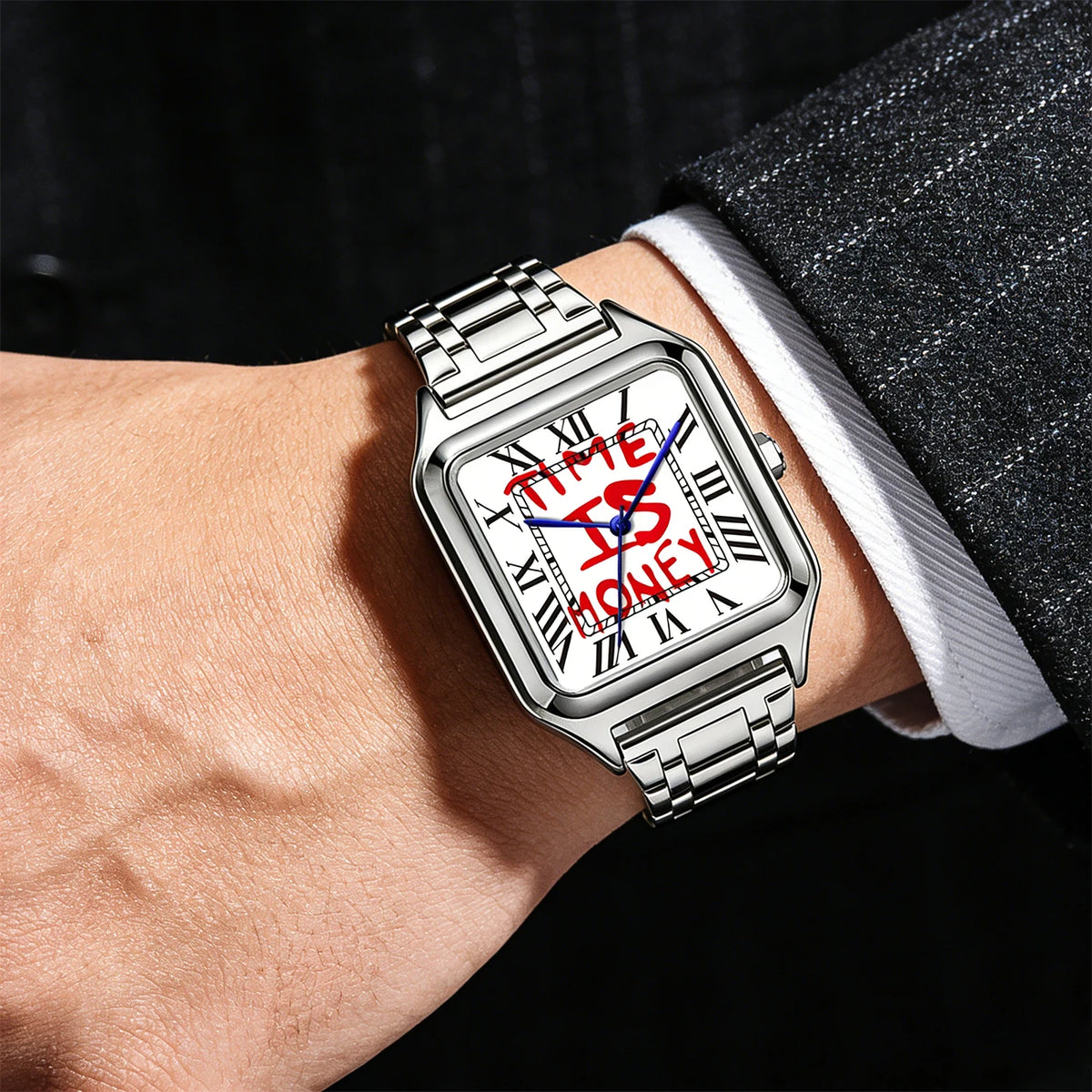 Montre homme carrée à cadran blanc Time is money, bracelet en acier, vue 3, King Watch