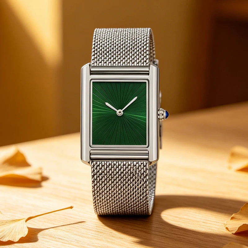 Montre rectangulaire à cadran soleillé, bracelet en maille milanaise, vue 2, King Watch
