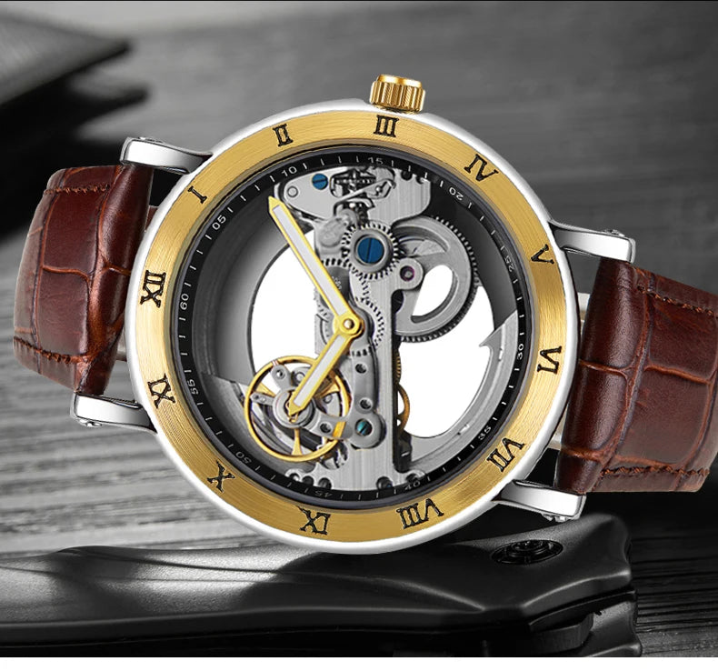 Skeleton automatic watch with transparent dial, leather strap, view 6, King Watch