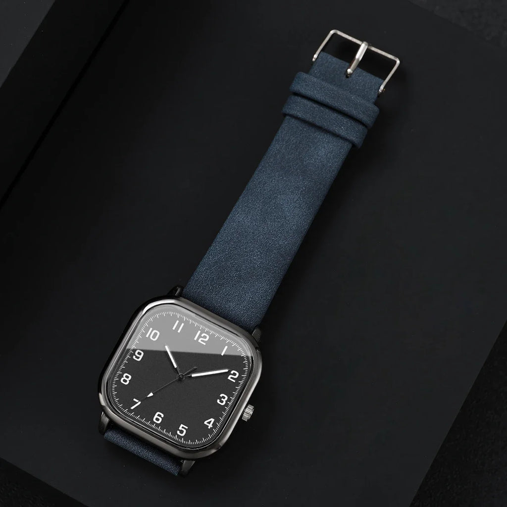 Square men's watch, anthracite grey case and blue leather strap, view 5, King Watch