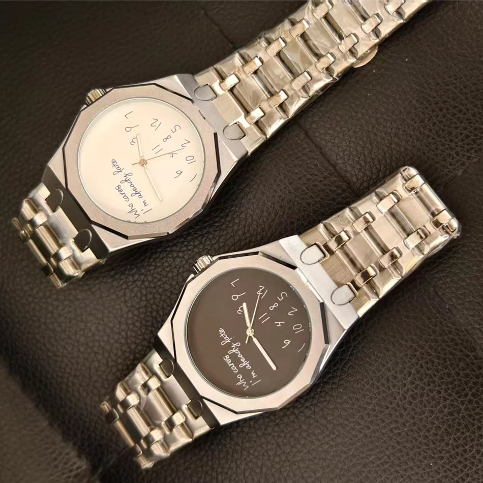 Octagonal watch with Who cares I'm already late dial, jumbled numerals, view 2, King Watch
