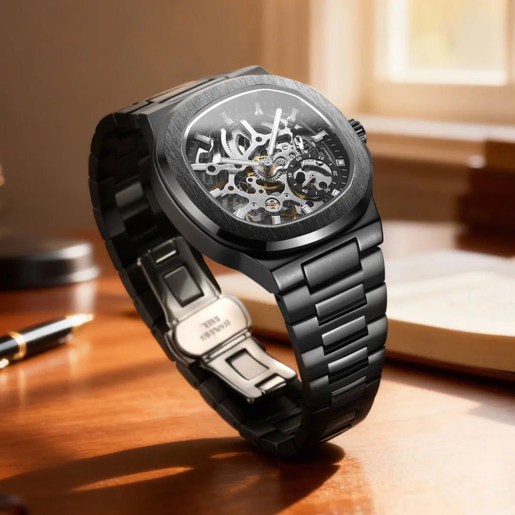 Skeleton automatic steel watch, visible movement, King Watch