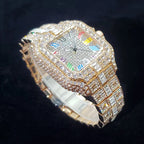Montre homme iced out carrée à chiffres romains colorés, acier serti de strass, vue 10, King Watch