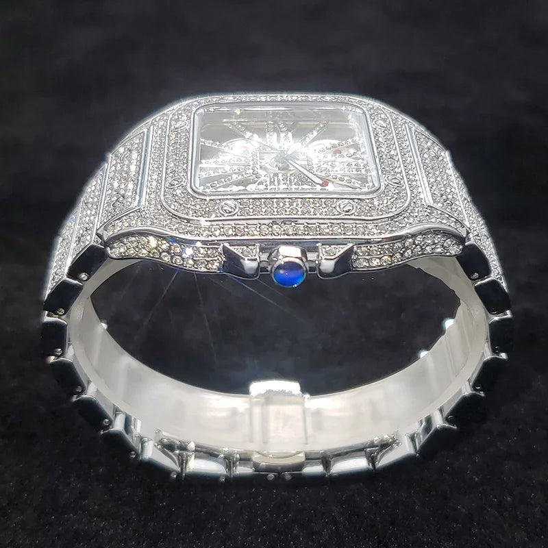 Montre homme iced out carrée à cadran squelette, acier serti de strass, vue 3, King Watch