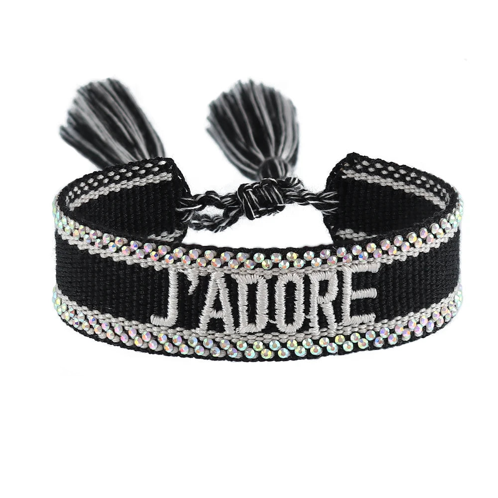 Bracelet brodé tissé en coton à pompons, noir, liseré strass, King Watch