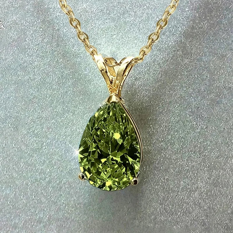 Collier à pendentif goutte serti de zircone sur chaîne fine, vert olive, doré, King Watch