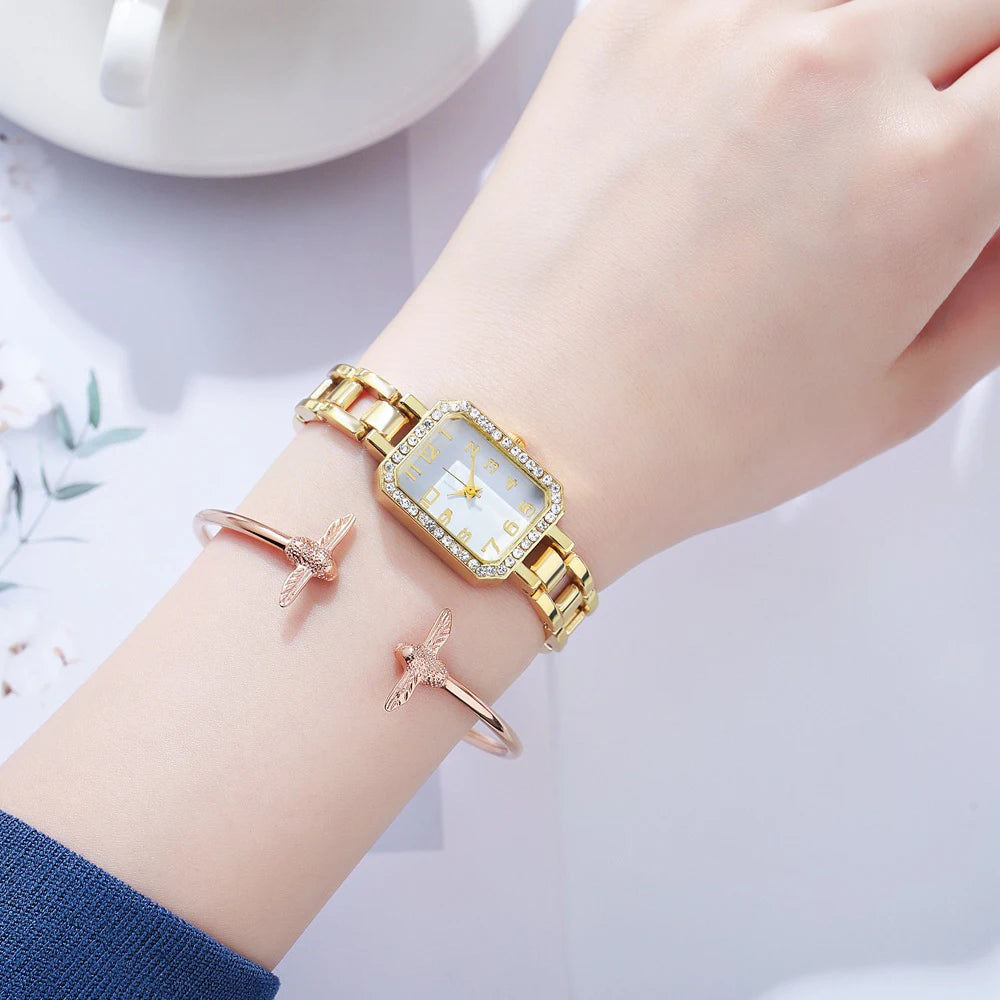 Women's Rectangular Watch | Rhinestones, Steel Bracelet, 3 Finishes