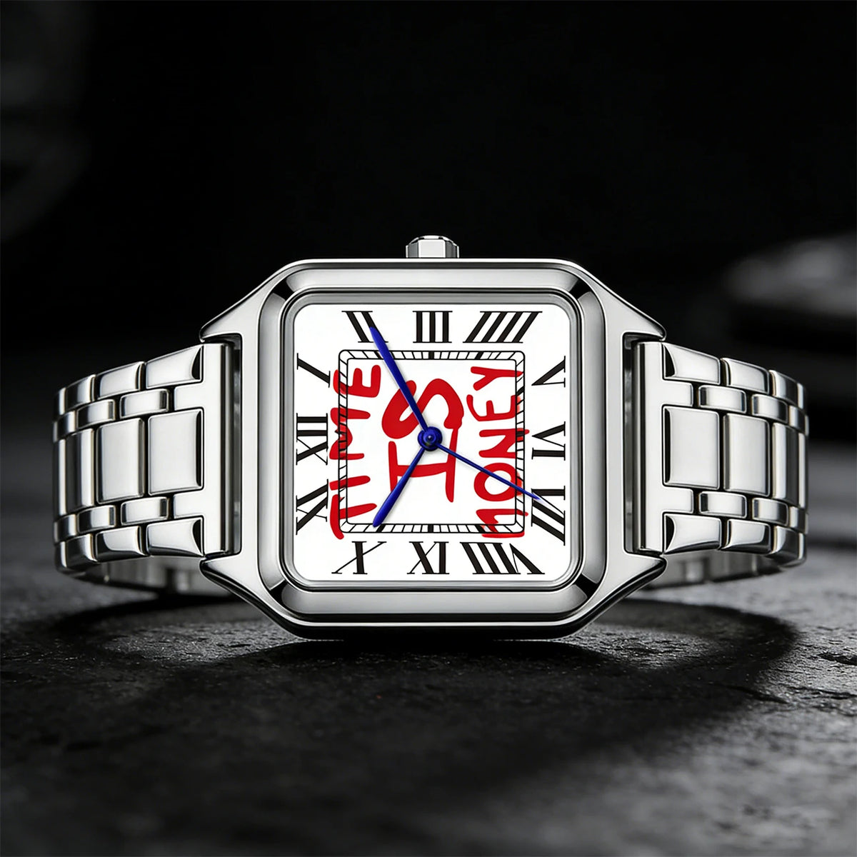 Montre homme carrée à cadran blanc Time is money, bracelet en acier, vue 4, King Watch