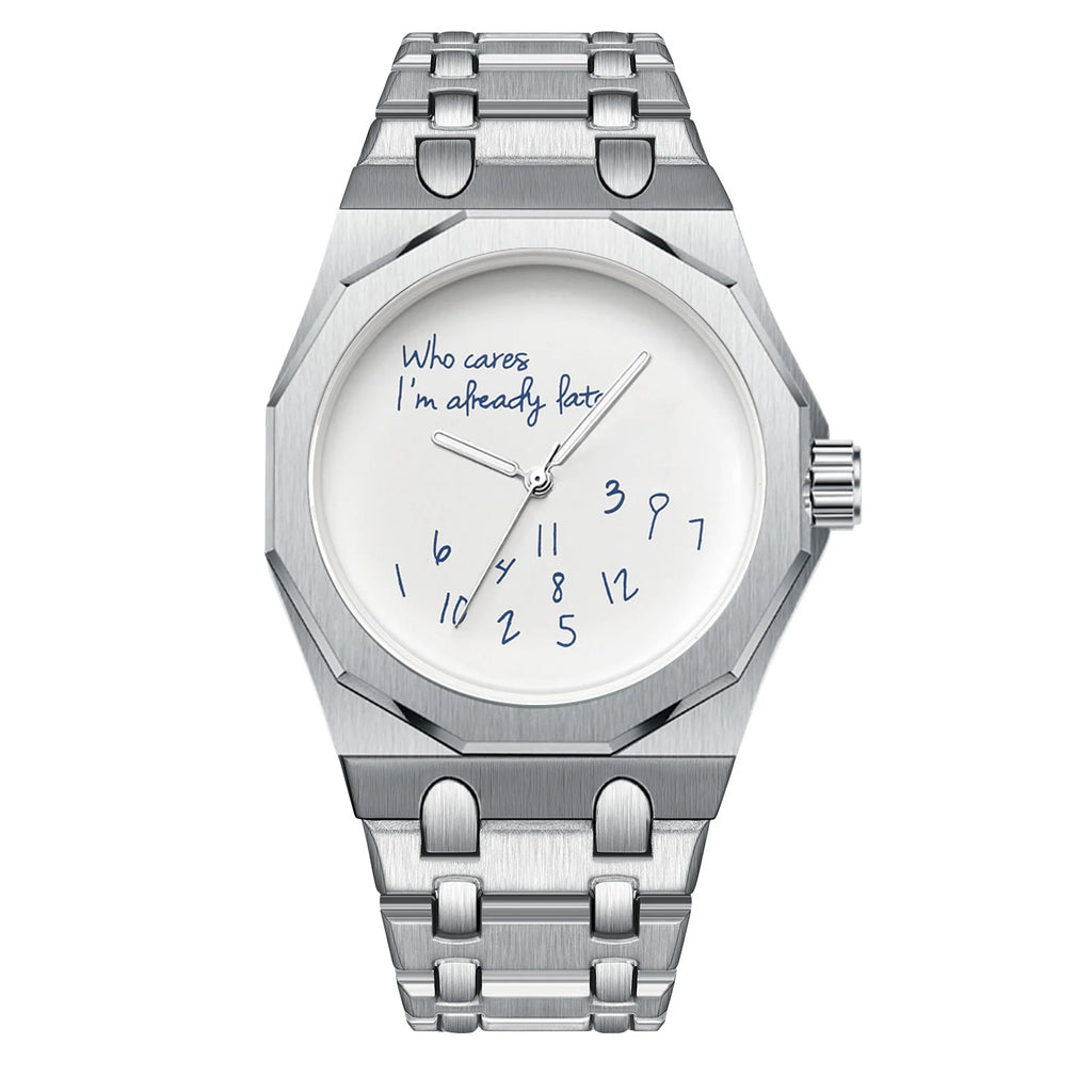 Octagonal watch with Who cares I'm already late dial, jumbled numerals, silver-tone, white dial, King Watch