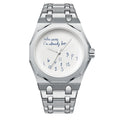 Octagonal watch with Who cares I'm already late dial, jumbled numerals, silver-tone, white dial, King Watch