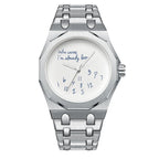 Octagonal watch with Who cares I'm already late dial, jumbled numerals, silver-tone, white dial, King Watch