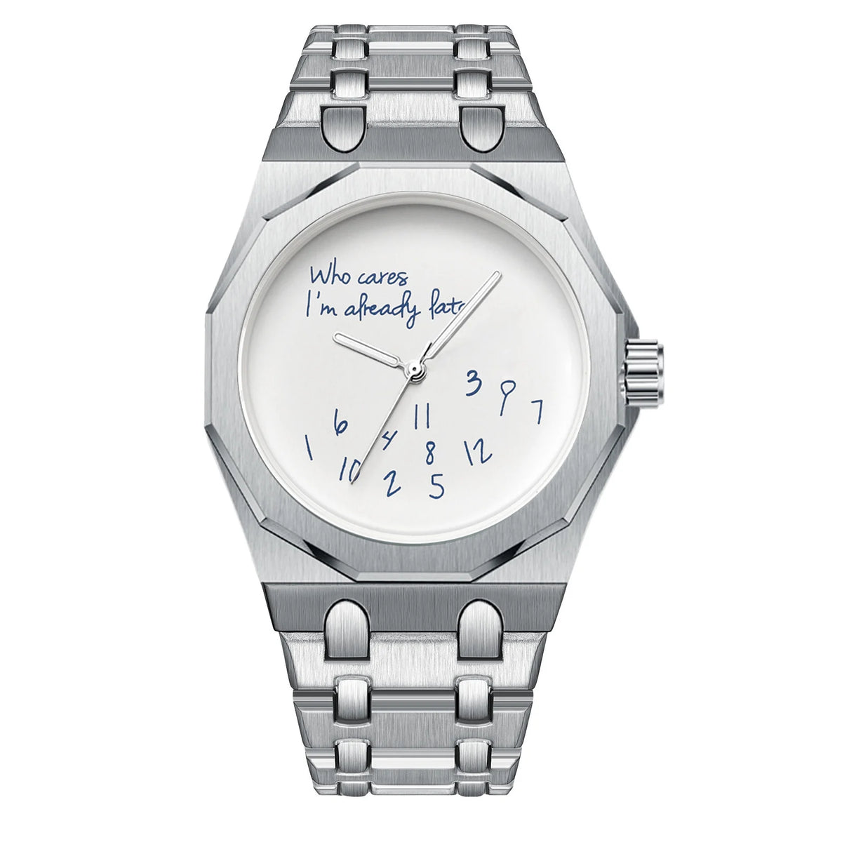 Octagonal watch with Who cares I'm already late dial, jumbled numerals, silver-tone, white dial, King Watch