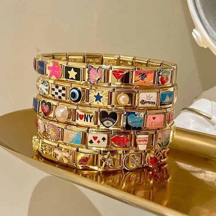 Bracelet à charms italiens en acier doré, maillons émaillés, King Watch