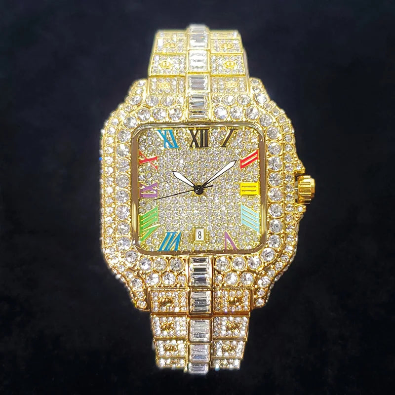 Montre homme iced out carrée à chiffres romains colorés, acier serti de strass, doré, King Watch